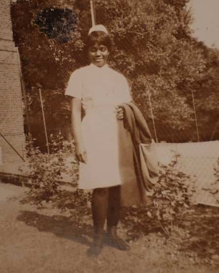 Black and white photo of a young William in nurses’ uniform