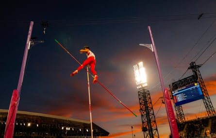 Harry Coppell of England fails to clear the bar but goes on to win the bronze medal in the men’s pole vault during an evening athletics session.