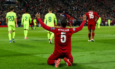 Georginio Wijnaldum, who came on at half-time and scored twice, is left on his knees by Liverpool’s comeback against Barcelona.