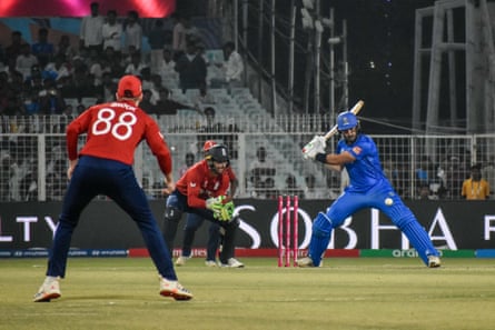 Italy batter Grant Stewart on his way to a 23-ball 45 against England in Kolkata