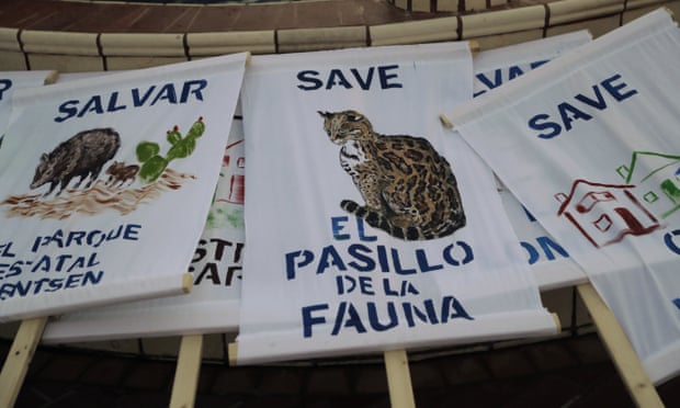 Posters show support for Santa Ana national wildlife refuge, home to 400-plus species of birds and several endangered wildcats, at a rally in Mission, Texas, in August 2017.