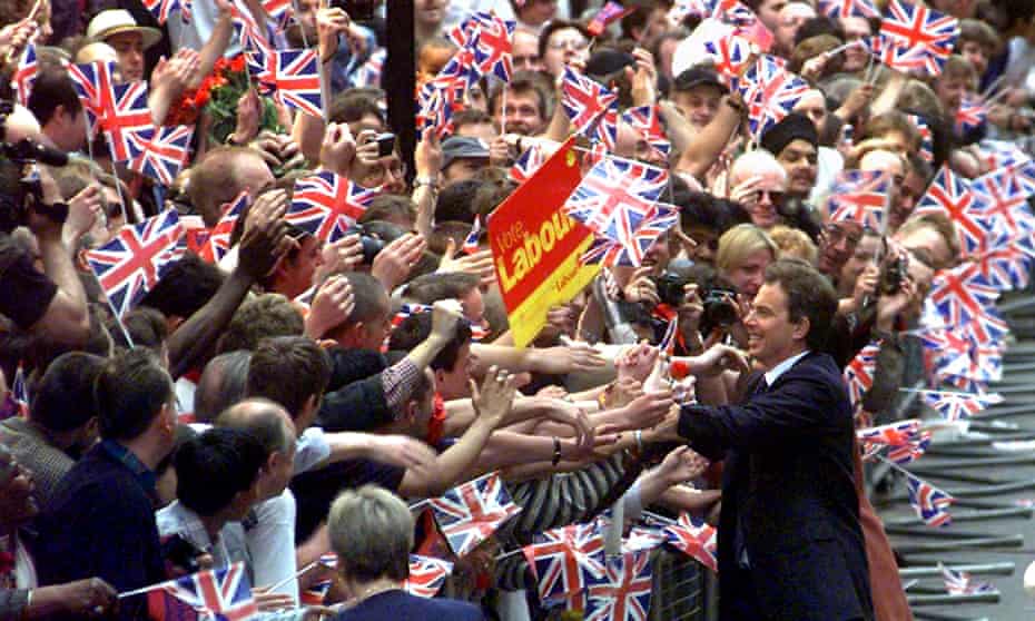 Tony Blair greets the crowds after Labour’s landslide win in 1997.
