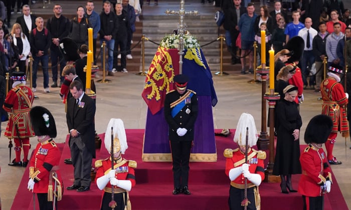Queen Elizabeth II 's grandchildren take part in the vigil beside the coffin of their grandmother as it lies in state in Westminster Hall (clockwise from front centre) the Prince of Wales, Peter Phillips, James, Viscount Severn, Princess Eugenie, the Duke of Sussex, Princess Beatrice, Lady Louise Windsor and Zara Tindall.