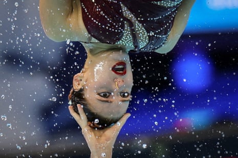 Spain’s artistic swimmers perform during the team free final at the World Aquatics Championships in Singapore.