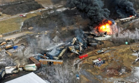 Portions of a Norfolk Southern freight train on fire after derailing on 3 February 2023 in East Palestine, Ohio. 