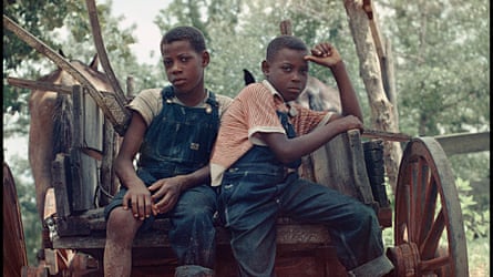 Two boys sitting in a horse-drawn cart