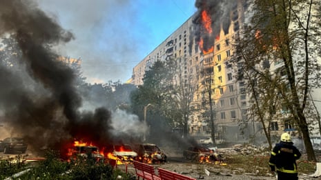 Girl, 14, among dead as Russian strikes on Kharkiv hit playground and residential towers – video 