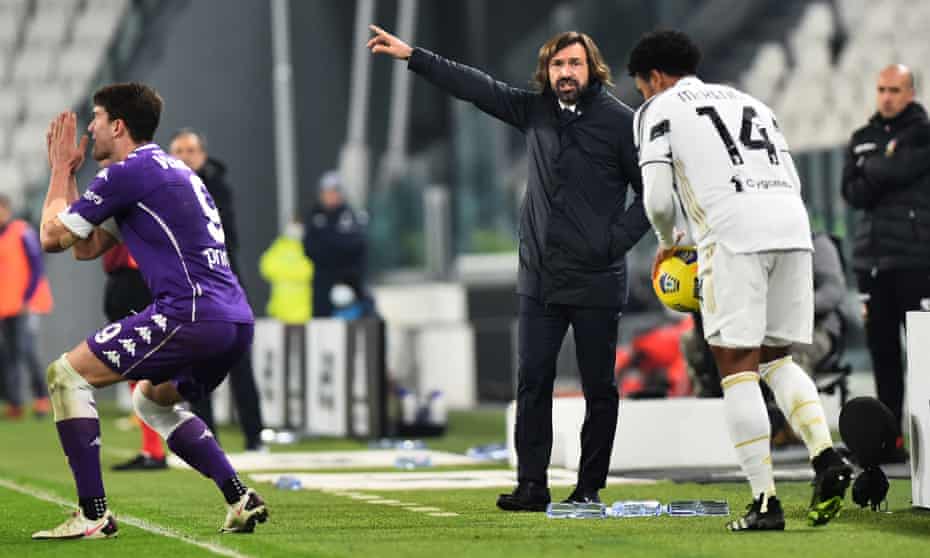 The Juventus coach Andrea Pirlo (centre) was powerless to stop his side falling to a 3-0 defeat by Fiorentina on Tuesday.