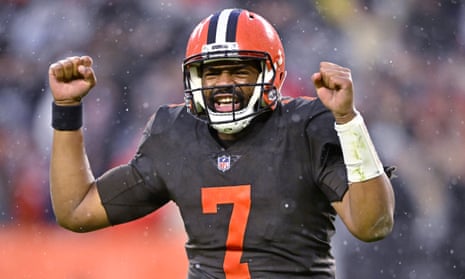 Jacoby Brissett celebrates victory in what is likely to be his final start of the season