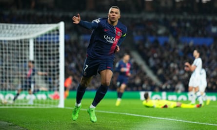 Kylian Mbappé celebrates scoring his team’s second goal.