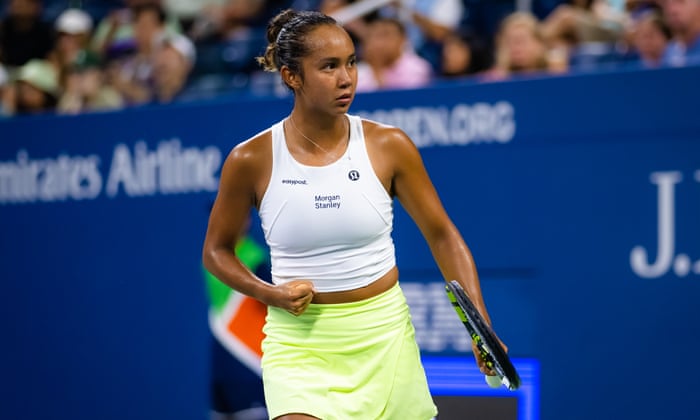 Leylah Fernandez celebrates winning a point against Oceane Dodin of France.