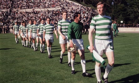 Headier days for Celtic in Europe: Billy McNeill leads them out for the 1967 European Cup final.