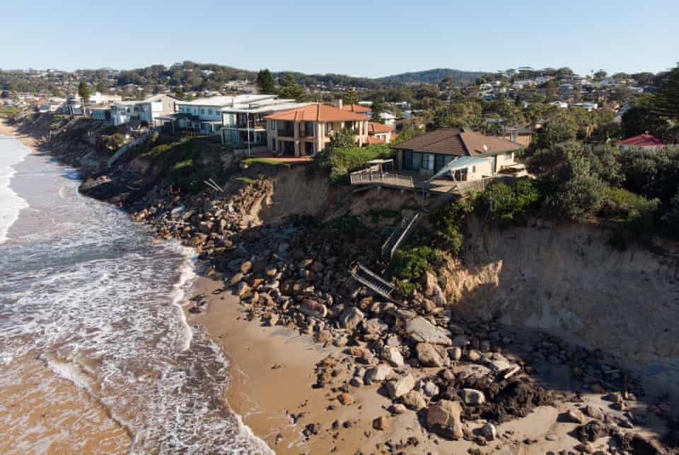 Damaged beachfront homes along Ocean View Drive at Wamberal Beach on the NSW Central Coast are in danger of collapse after powerful surf and high tides caused massive erosion last week.