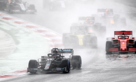 Lewis Hamilton leads the pack at last year’s Turkish Grand Prix. With Turkey one of several countries on the UK’s travel red list, there are doubts over whether this season’s race will take place.