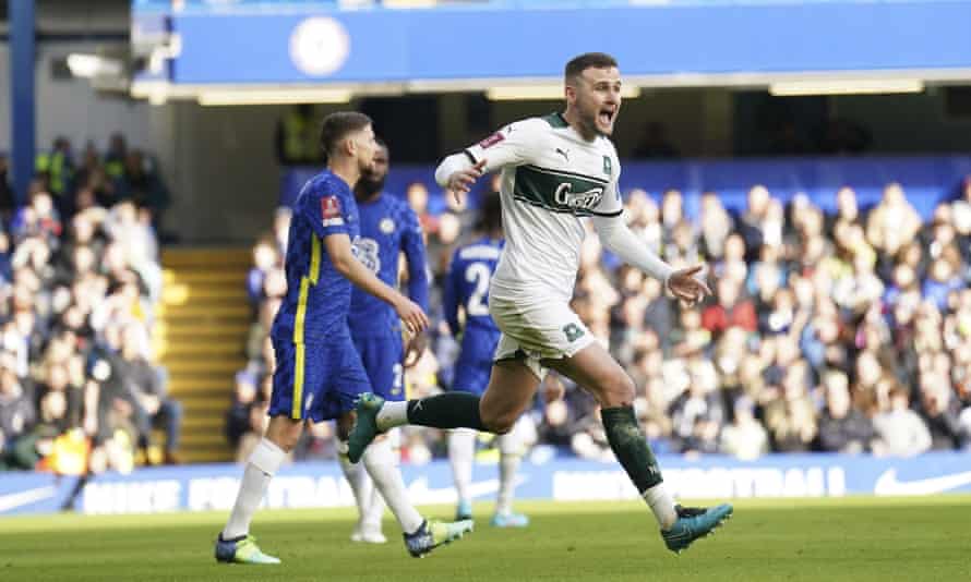 Macauley Gillesphey celebrates after scoring for Plymouth against Chelsea.