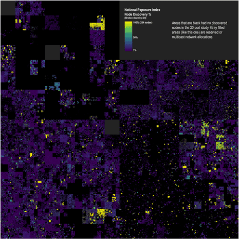 Heatmap of the internet as seen by Rapid7. Each pixel represents 254 IP addresses, colour-coded by how many of those addresses respond to requests. You can see which countries the above blocks refer to by comparing it with the graphic below.