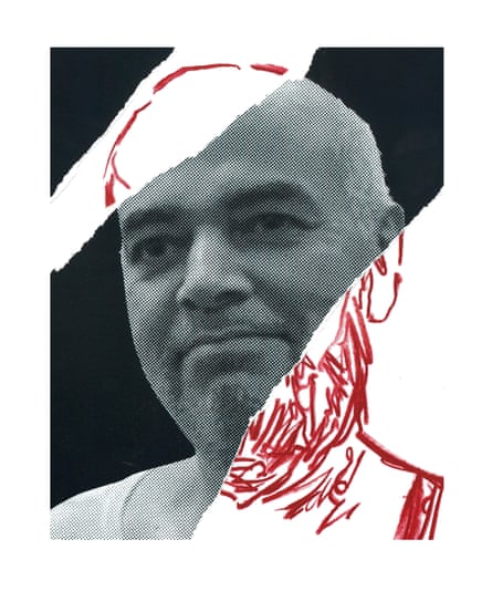 Photo of a bearded middle-aged Arab man that is partly a sketch