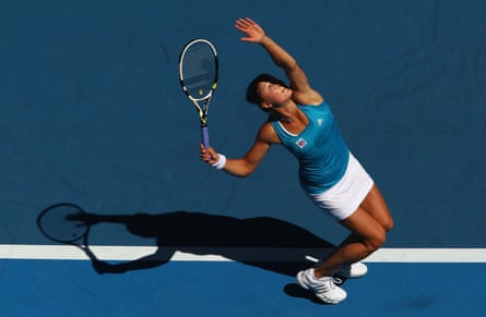 Dinara Safina serves in her second round match against Barbora Zahlavova Strycova at the 2010 Australian Open in Melbourne
