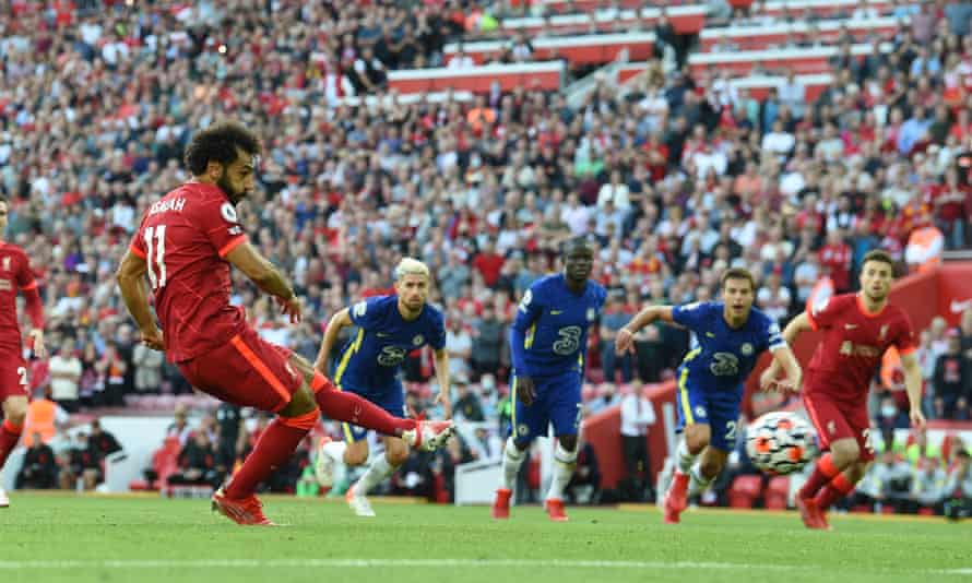 Mohamed Salah scores from the penalty spot for Liverpool against Chelsea.