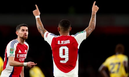 Arsenal v Crystal Palace, EFL Carabao Cup, Quarter Final, Football, Emirates Stadium, London, UK - 18 Dec 2024<br>EDITORIAL USE ONLY No use with unauthorised audio, video, data, fixture lists, club/league logos or "live" services. Online in-match use limited to 120 images, no video emulation. No use in betting, games or single club/league/player publications.
Mandatory Credit: Photo by MDI/REX/Shutterstock (15016497ay)
Gabriel Jesus of Arsenal celebrates after he scored a hat-trick for 3-1 - Arsenal v Crystal Palace, Carabao Cup Quarter Final, Emirates Stadium, London, UK - 18th December 2024
Editorial Use Only - DataCo restrictions apply
Arsenal v Crystal Palace, EFL Carabao Cup, Quarter Final, Football, Emirates Stadium, London, UK - 18 Dec 2024