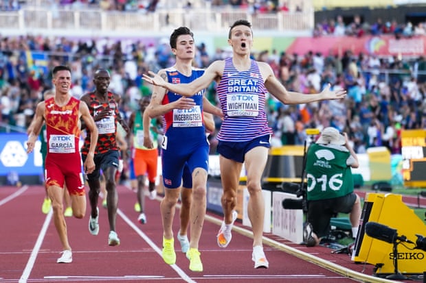 Jake Wightman crosses the line ahead of Olympic 1500m champion Jakob Ingebrigtsen.