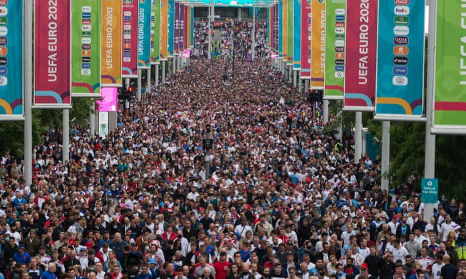 Football fans leave Wembley Stadium after the Euro 2020 England v Germany match on 29 June 2021.