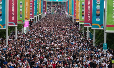 Football fans leave Wembley Stadium after the Euro 2020 England v Germany match on 29 June 2021.
