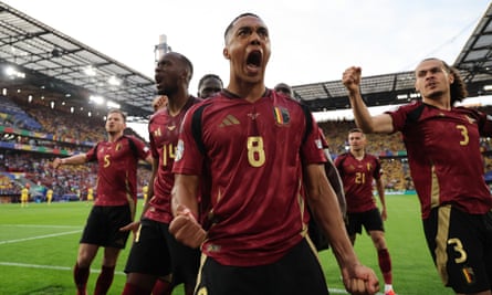 Youri Tielemans celebrates after scoring Belgium’s early opening goal against Romania.