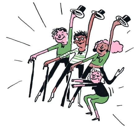 Illustration of four older women dancing with top hats and canes
