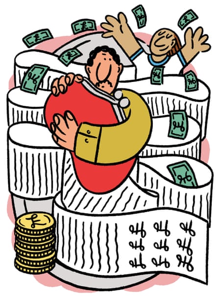 A man holding a wallet, surrounded by a huge paper bill, while a woman throws around money