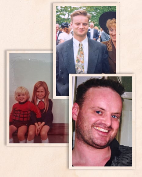 Composite image of Ryan White, left as a child with his sister Leigh; centre, a more recent photo; right, as a teenager at what looks like a wedding.