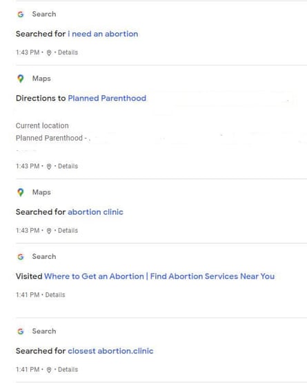 Google activity timeline shows searches including “I need an abortion” and “directions to planned parenthood”