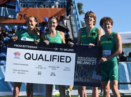 Australia’s mixed 4x400m team Ellie Beer, Mia Gross, Thomas Reynolds and Cooper Sherman celebrate.