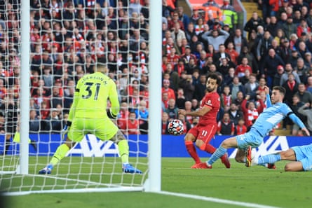 Mohamed Salah of Liverpool scores their second goal against Manchester City in October 2021