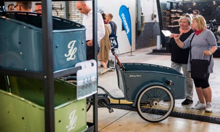 Cargo bike trailers on show at a trade fair in Berlin. The bikes can cost up to €7,000 (£6,400).