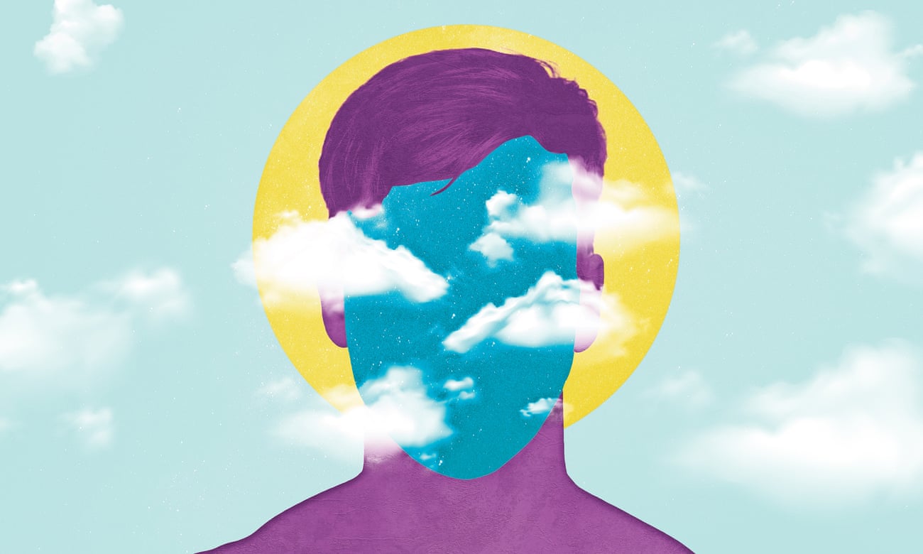 Purple outline of a man's head, with no face, against the sun and among the clouds