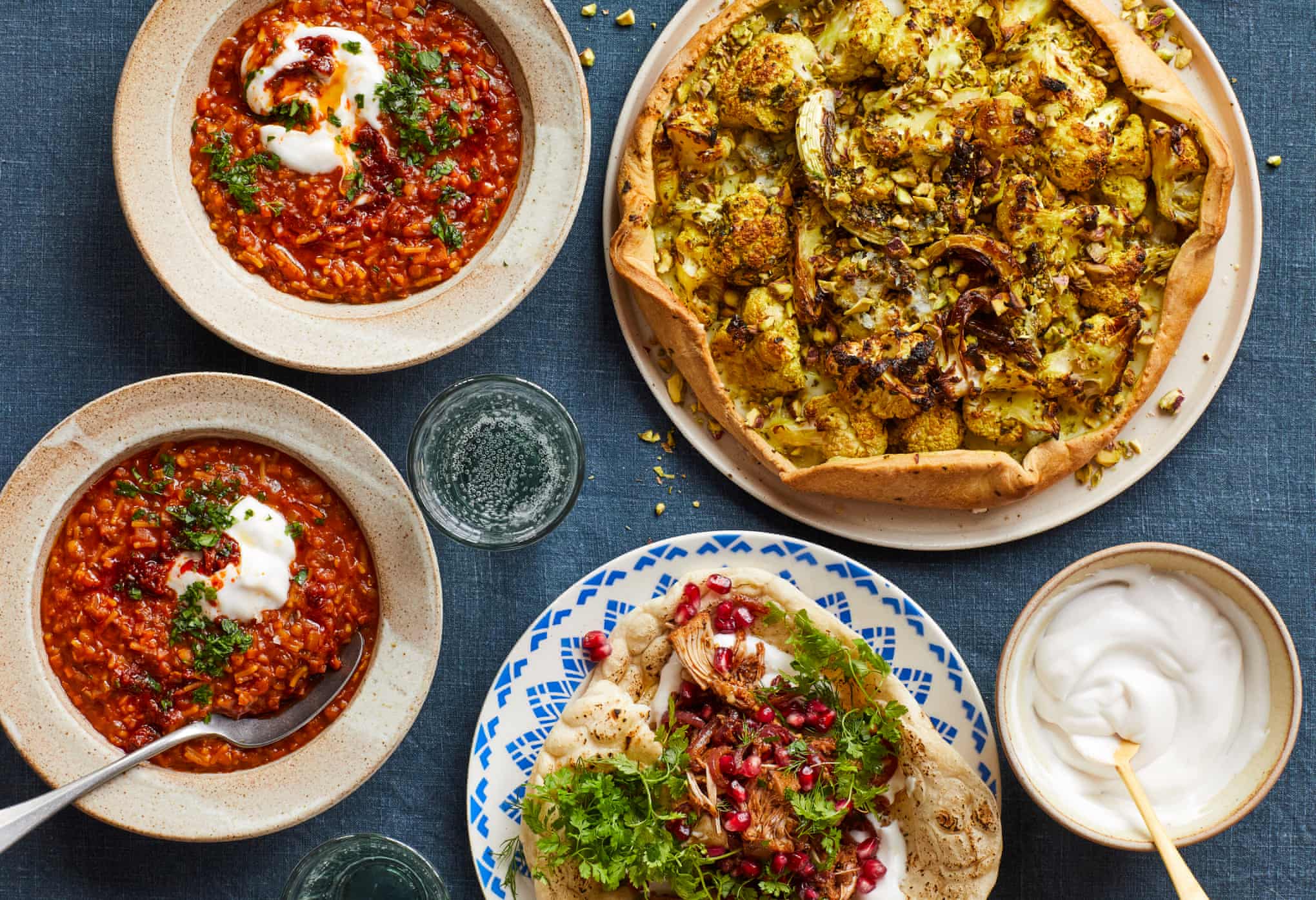 (L to R) Red lentil harira, jackfruit walnut wraps, Chermoula cauliflower galette. Photograph: Ola O Smit/The Guardian. Food styling: Tamara Vos. Prop styling: Anna Wilkins. Food styling assistant: Florence Blair.