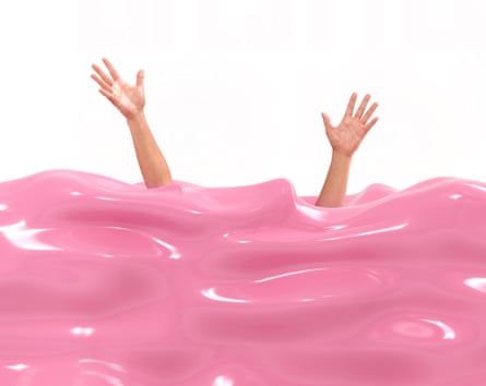 A woman’s hands reaching out of what looks like a sea of pink gloop
