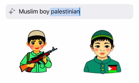 An AI generated sticker in WhatsApp shows an image of a boy with a gun when asked for pictures of "Muslim boy Palestinian".