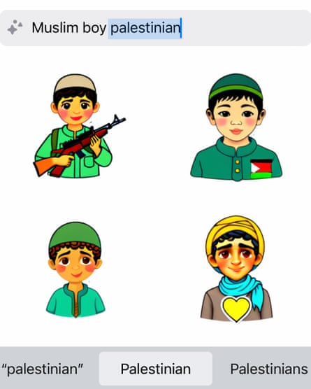 An AI generated sticker in WhatsApp shows an image of a boy with a gun when asked for pictures of “Muslim boy Palestinian”.