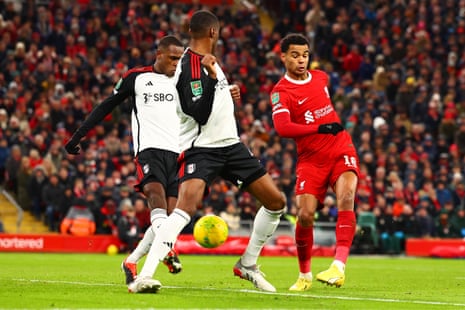 Cody Gakpo of Liverpool scores his side’s second goal during the Carabao Cup semi-final first leg match between Liverpool and Fulham.