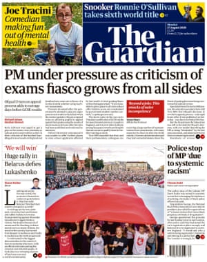 Guardian front page, Monday 17 August 2020
