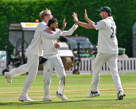 Haseeb Hameed (centre) celebrates a wicket for Notts at Worcester with Dillon Pennington and Josh Tongue