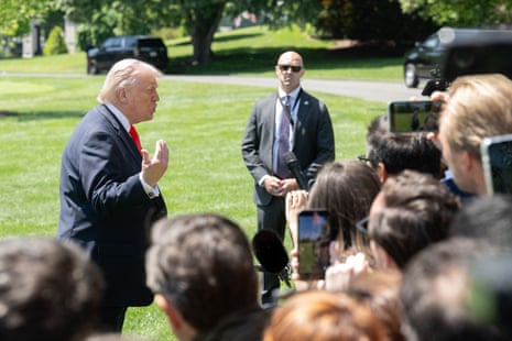 US President Donald Trump speaks with the media prior to departing from the South Lawn of the White House in Washington, DC, May 1, 2026.