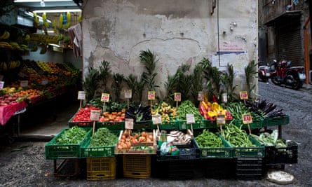 Fresh produce at a street market stall in Naples, Italy.