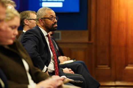 James Cleverly, the home secretary, in the audience listening to Rishi Sunak giving his press conference this morning.