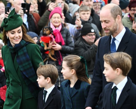 The Prince and Princess of Wales with (from left) Louis, Charlotte, and George on Christmas Day in Sandringham, Norfolk.