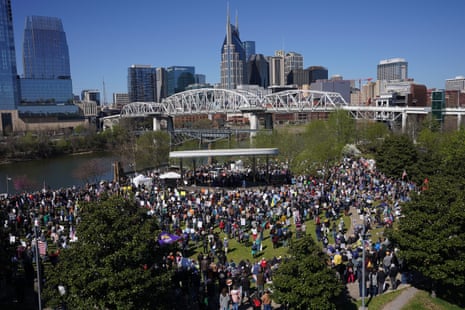Thousands gather near downtown Nashville as part of the National wide No Kings Protests in Nashville, Tennessee, March 28, 2026.