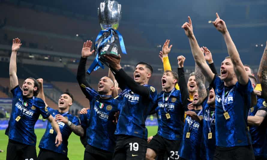 Inter celebrate winning the Italian Super Cup against Juventus in January