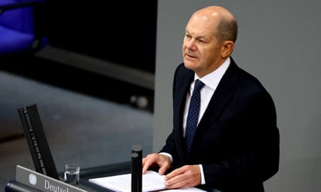 German Chancellor Olaf Scholz speaks at the lower house of parliament Bundestag in Berlin.